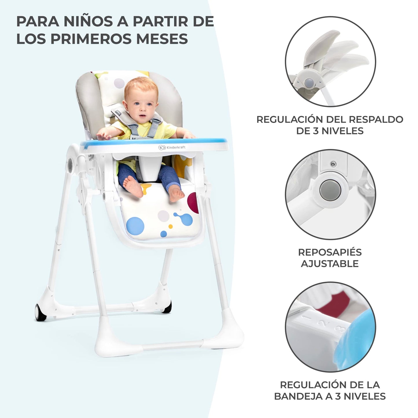 Trona bebé ajustable con bandeja y reposapiés, plegable, desde nacimiento hasta 15 kg, gris
