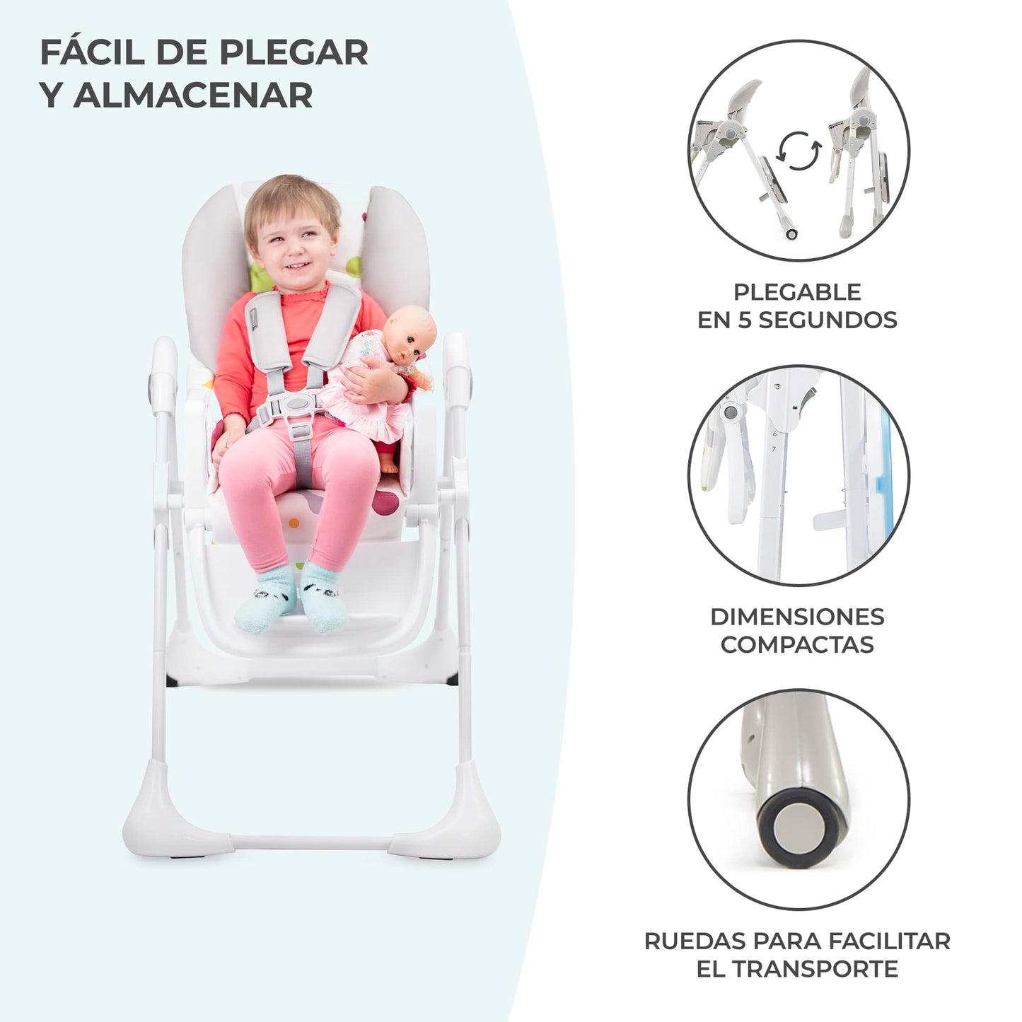 Trona bebé ajustable con bandeja y reposapiés, plegable, desde nacimiento hasta 15 kg, gris